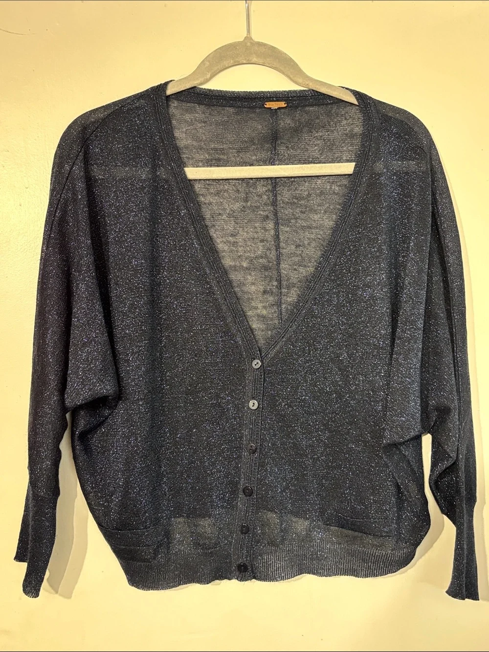 Woman’s Free People Metallic Navy V-Neck Button Cardigan Sweater